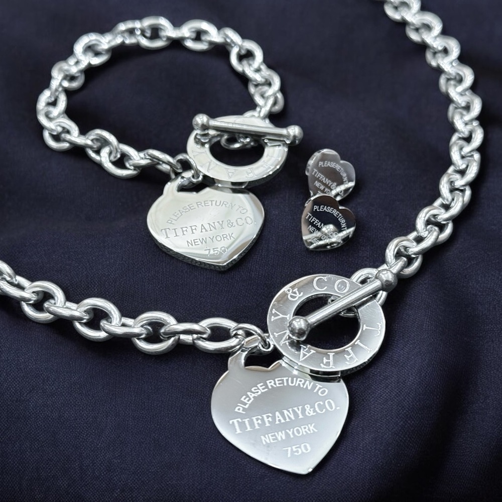 New Stainless Steel Large Heart Toggle Necklace, Bracelet, Earrings Jewelry Set